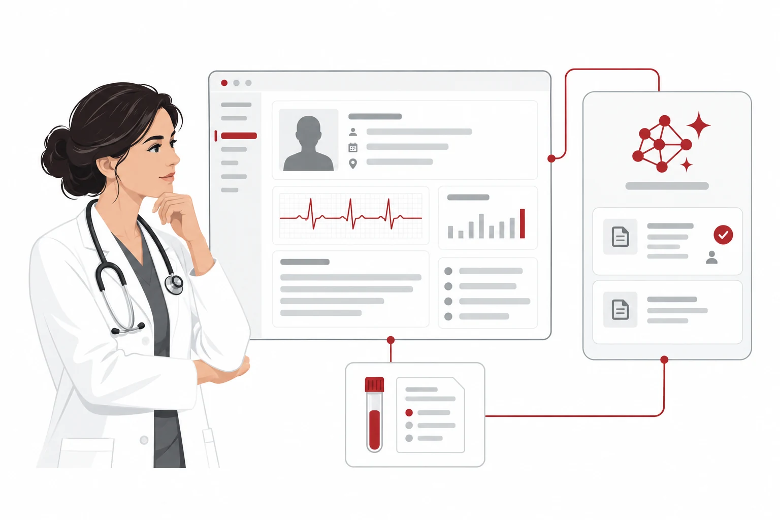 Illustrazione di una professionista sanitaria affiancata da un assistente AI, con documenti clinici e informazioni di laboratorio